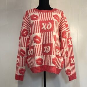Forever & Ever XO Lips Sweater | Pink Graphic Knit | Size XL